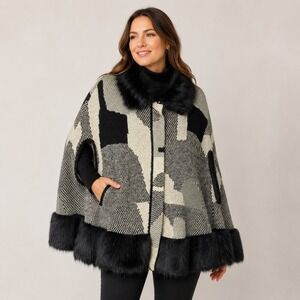 Cliche‎ Women's Black White Gray Geometric Patchwork Faux Fur Trim Cape L